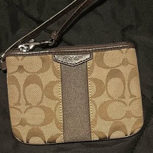 Coach Signature Tan and Brown Wristlet
